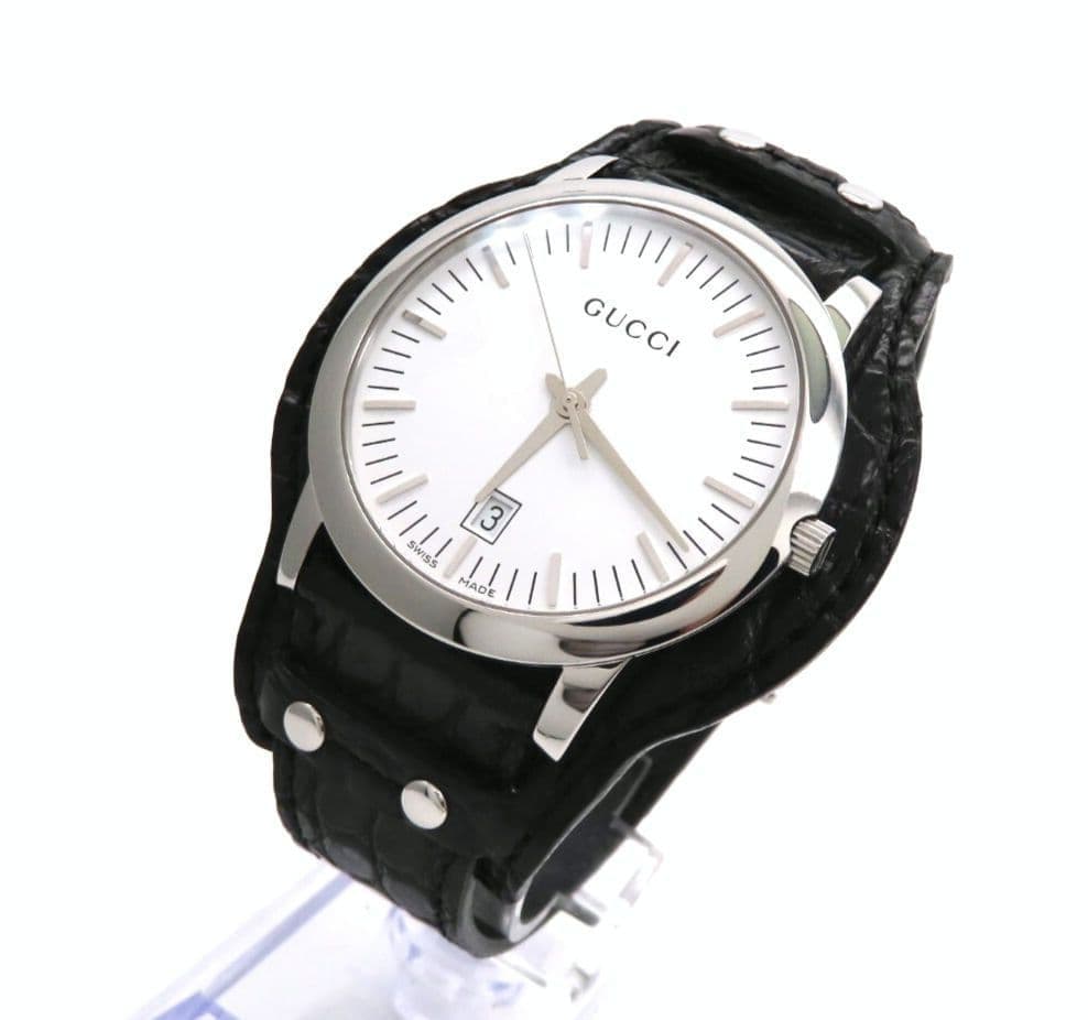 GUCCI 5600M Men's Watch White Dial Leather Bracelet Very Good