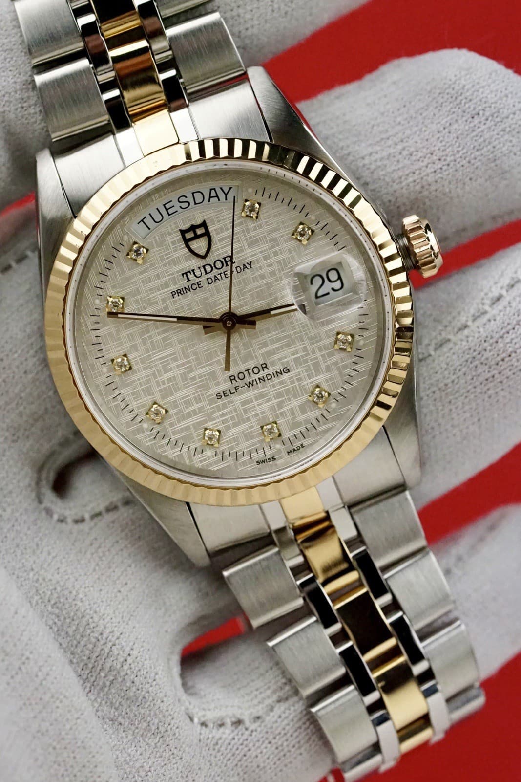 TUDOR Prince Date + Day 18k Gold #76213 Silver Diamond Linen  W/ Punched Papers