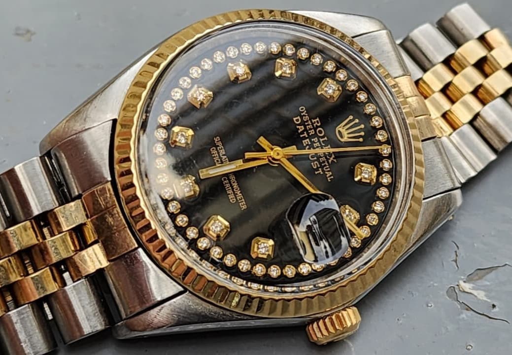 1984 Rolex Datejust 36 Ref 16013 Custom Black Diamond Dial Steel Gold Automatic
