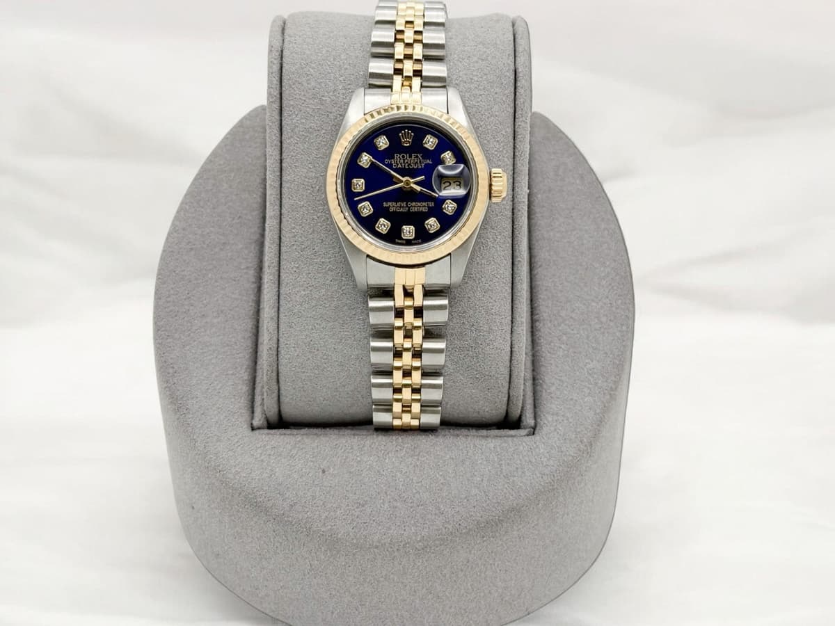 Rolex Ladies Datejust 69173 26mm Blue Diamond Dial 18k Yellow Gold Steel Jubilee