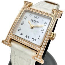 HERMES  H watch mini HH1.173 Watches K18PG pink gold Quartz White mother-of-...