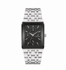Bulova Men's Silver Stainless Steel Rectangle Black Dial Day Date Wristwatch