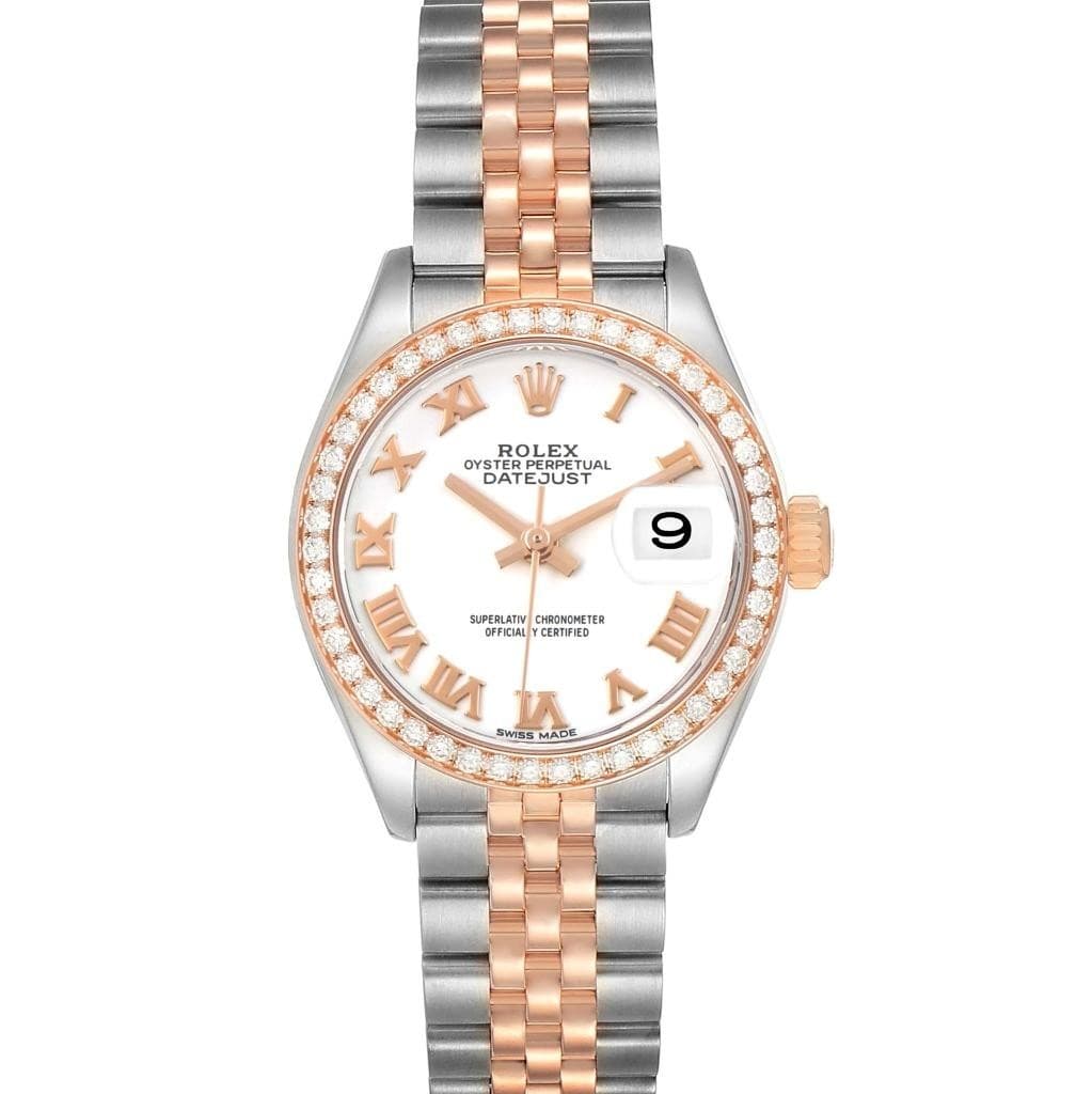 Rolex Datejust 28 White Roman Dial Steel Rose Gold Diamond Ladies Watch 279381