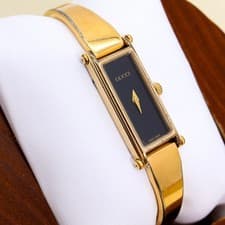 GUCCI 1500L Quartz Watch Black Gold Ladies Slim Vintage Cleaned Working
