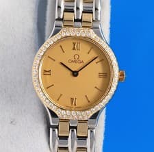Ladies Omega Deville 18K Gold & SS Watch - Diamond Bezel - Gold Dial - 4265.13
