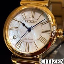 Elegant CITIZEN Eco-Drive watch with mother-of-pearl dial and diamond accents.