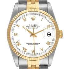 Rolex Datejust 36 White Roman Dial Steel Yellow Gold Mens Watch 16233
