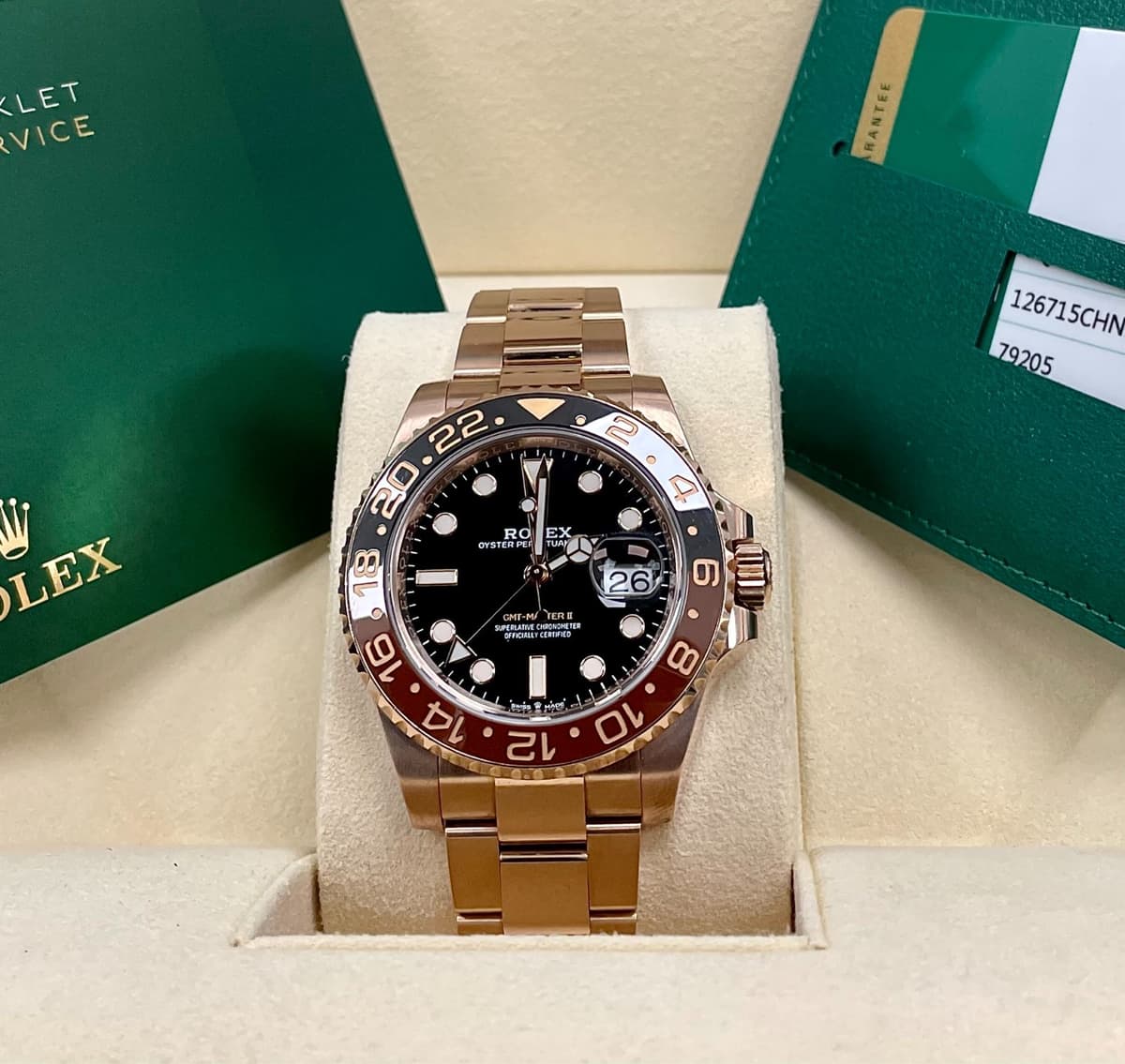 ROLEX GMT MASTER II ROOTBEER 126715CHNR FULL ROSE GOLD 18K FULL SET 2020