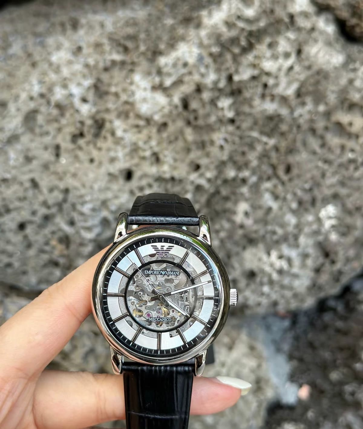 Authentic Emporio Armani AR1981 Luigi Skeleton Automatic Men's Watch Black Leath