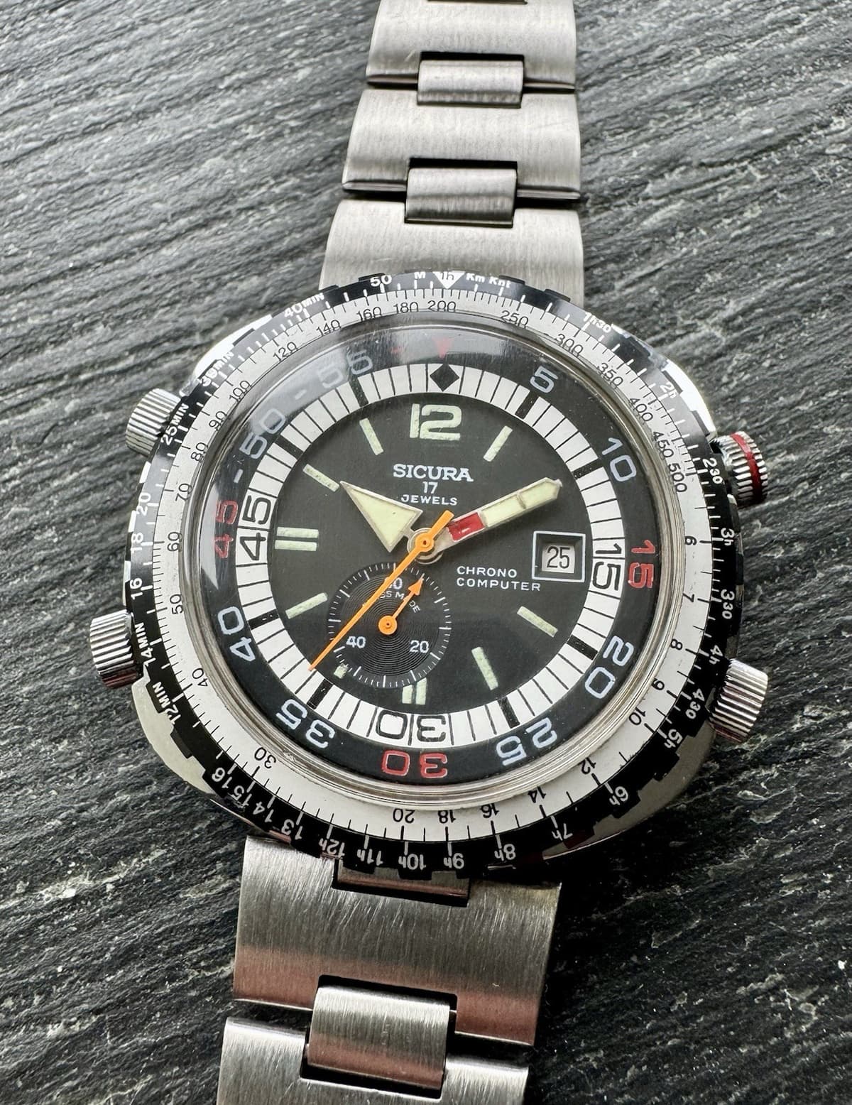 WELL PRESERVED VINTAGE SICURA CHRONO COMPUTER MEN WRISTWATCH CIRCA:1970’s-MINT