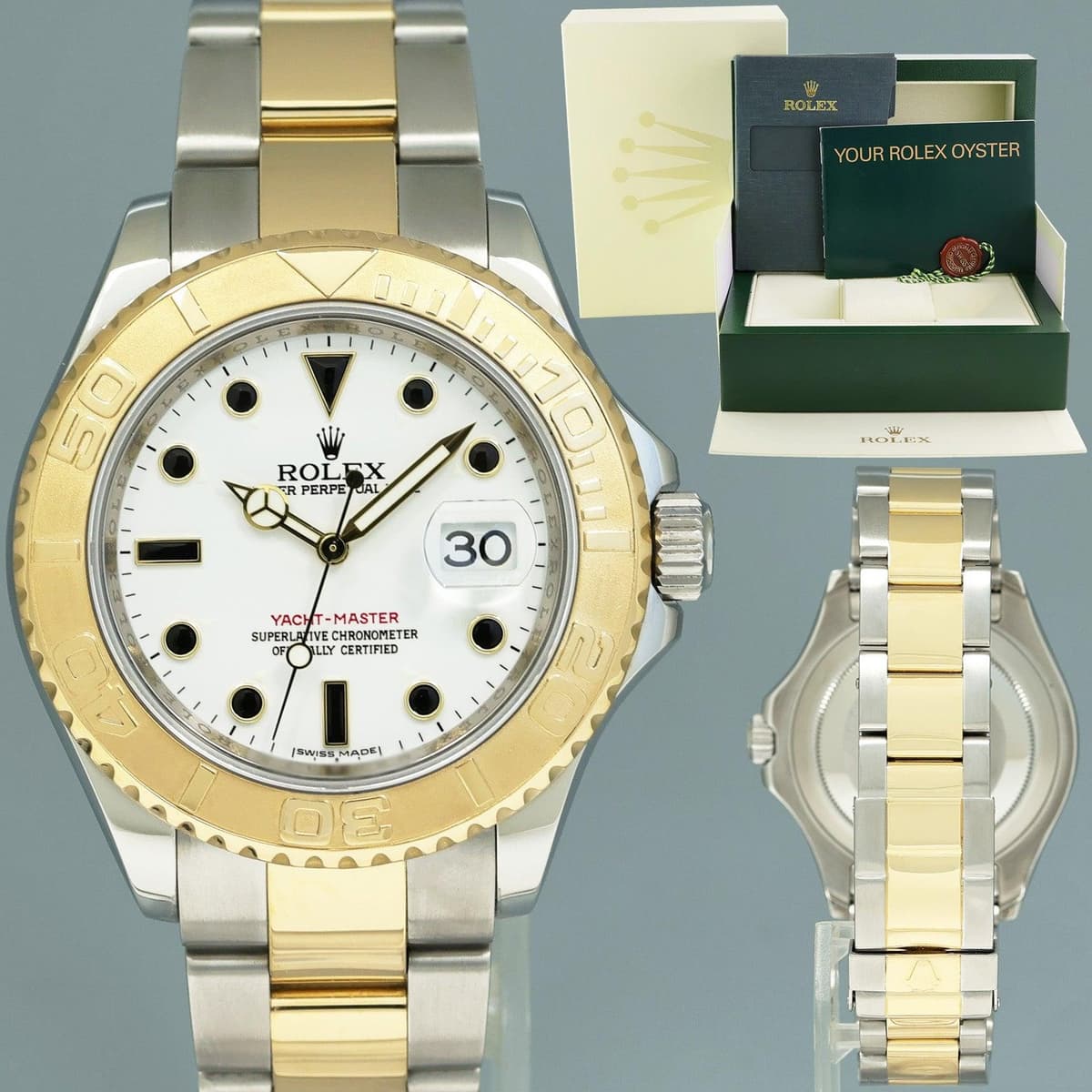 MINT 2009 Rolex Yachtmaster 16623 Two Tone Yellow Gold Steel White Sapphire