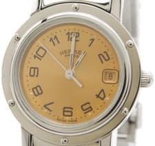 [N.MINT in Box] HERMES Clipper CL4.210 Quartz Orange Dial Date Womens Swiss made