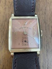 Tiffany & Co Gold Rectangular Wristwatch Brown Leather Strap Copper Dial