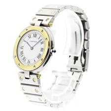 Men's Vintage Swiss Cartier Santos Round 32mm White Dial Quartz SS YG Watch