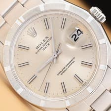 ROLEX OYSTER PERPETUAL DATE 1501 SILVER DIAL 34MM STEEL OYSTER WATCH w/ PAPER
