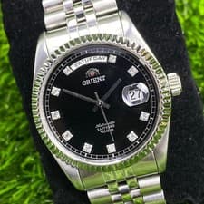 Rare Orient President Automatic Black Diamond Index Day Date Silver Watch Men