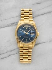 Vintage 1990 Rolex Day-Date 18238 18K Yellow Gold Blue Sunburst Dial Auto 36mm