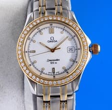 Mens Omega Seamaster 18K Gold & SS watch - White Dial - Diamond Bezel - 2315.20