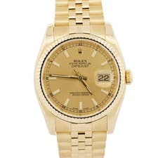 2008 PAPERS Rolex DateJust 36mm CHAMPAGNE 18K Gold Jubilee REHAUT 116238 BOX