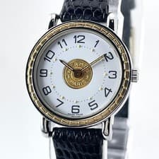 HERMES Sellier 267687 Quartz Coin Watch Ladies SS Gold White Dial 24mm Vintage