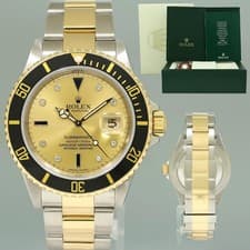 2007 MINT Rolex Gold Buckle Rolex Submariner 16613 Two Tone Gold Black Serti