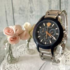 Versace VEM8 Chronograph Watch Black Silver Rare Vintage Mens Wristwatch