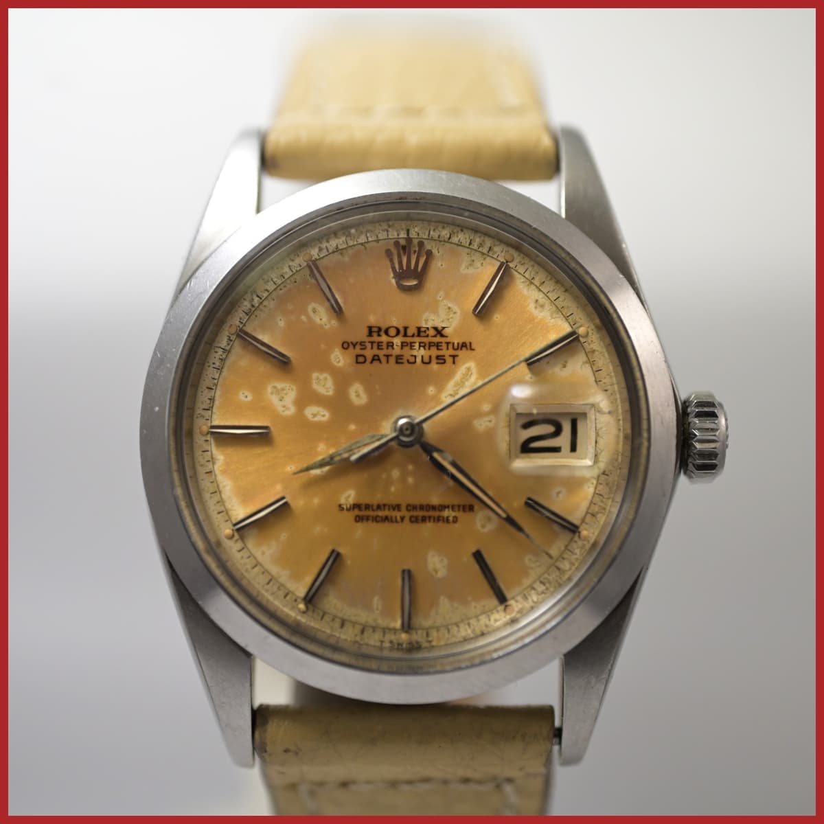 VINTAGE ROLEX  DATEJUST 1600 SMOOTH BEZEL TROPICAL PATINA DIAL SS MENS WATCH
