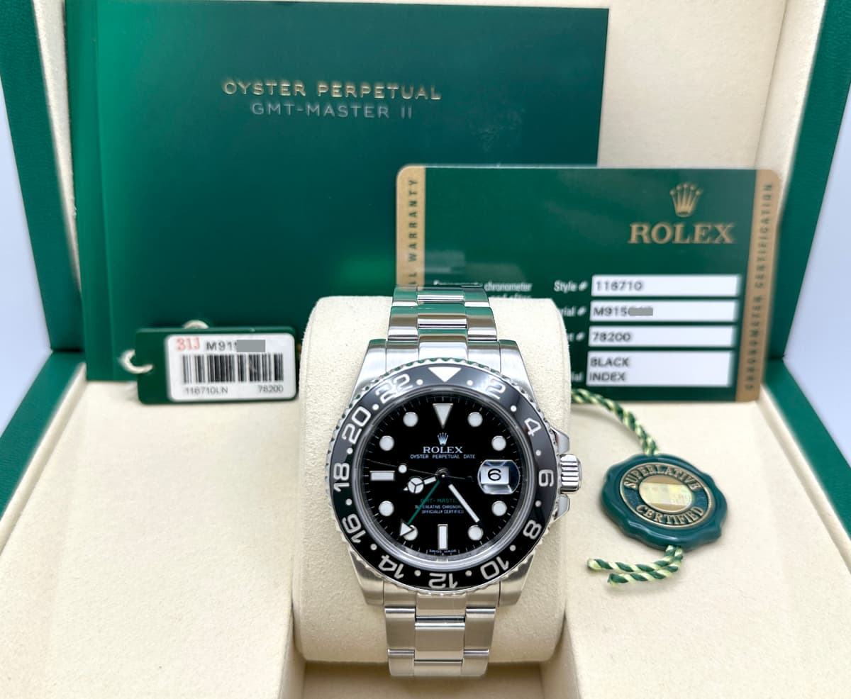 2010 Rolex GMT Master II 116710LN Black Ceramic Stainless Steel Box Paper