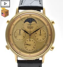 Vintage 198 [NEAR MINT] SEIKO 7A48-702A Chronograph Moon Phase Gold Quartz Watch