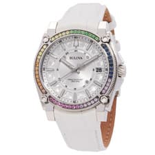 BULOVA Precisionist 96J124 SILVER DIAL WHITE LEATHER STRAP 40MM WOMENS WATCH