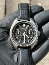 Bulova Lunar Pilot Chronograph Black Dial Stainless Steel Case Leather Band