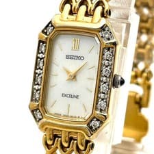 Seiko Excelline Shell Dial Diamond Bezel Quartz Dress Watch Timepiece