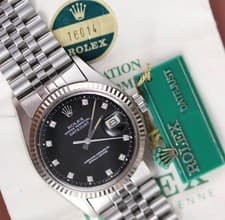 Rolex Datejust 16014 36 mm Black Diamond Dial Steel Jubilee Fluted Box & Papers