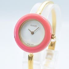 GUCCI 11/12.2 Quartz Analog Pink Change Bezel Gold Bangle Watch Women w-3149