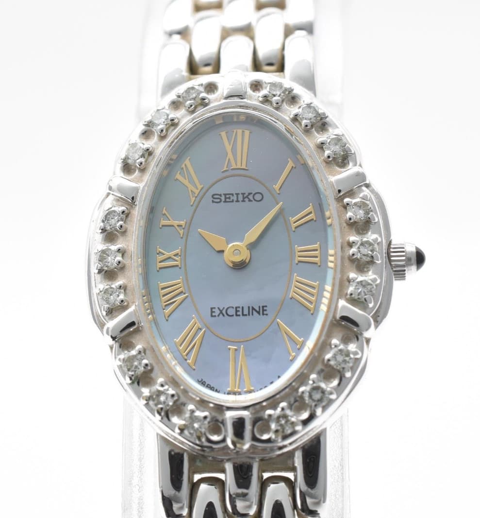 Rare [N MINT] SEIKO Exceline 1F20-6D80 18P Diamond JDM Blue Quartz Women Watch