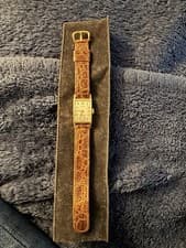 Hamilton 14k Gold Vintage Rectangle Silver Dial Brown Leather Men's Wristwatch