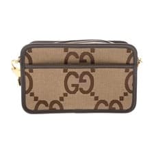 Used GUCCI 696075 Ladies Shoulder Bag Camel Ebony Brown Jumbo GG Canvas Leather