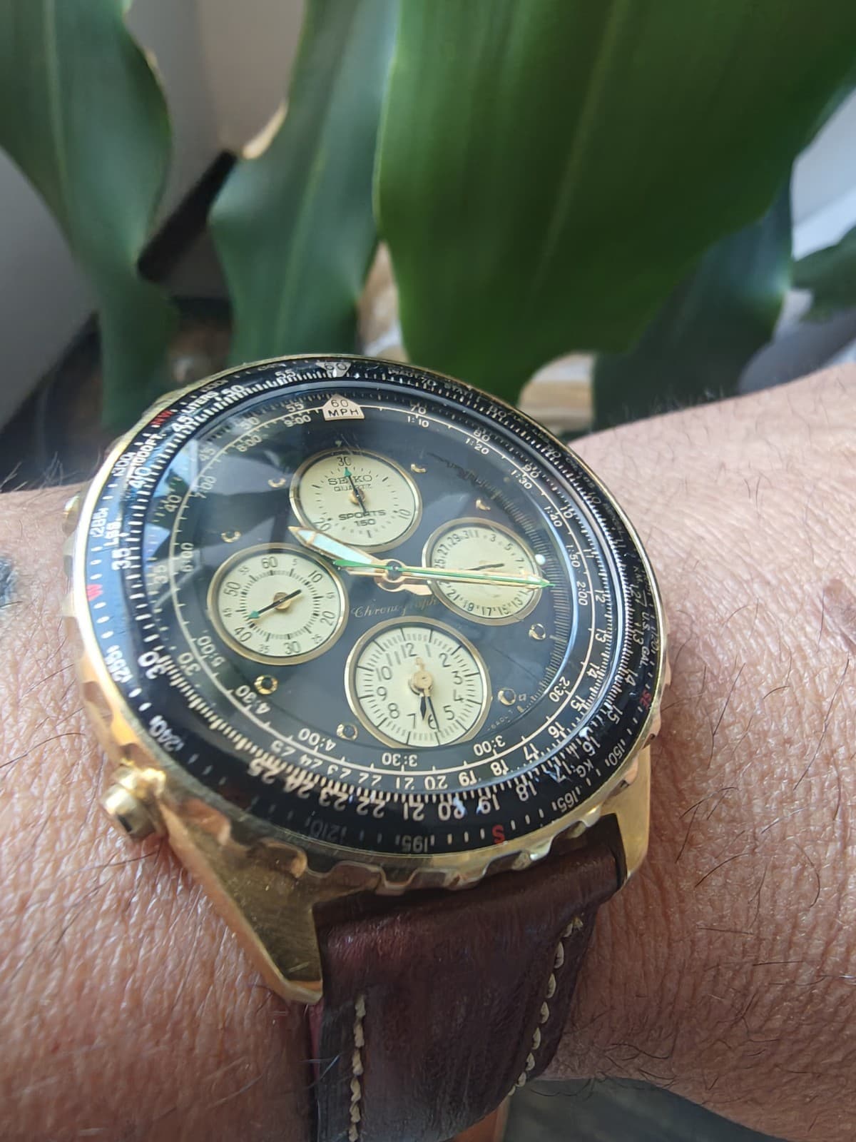 Seiko Flightmaster Chronograph Gold Tone Black Dial Leather – Worn Clean