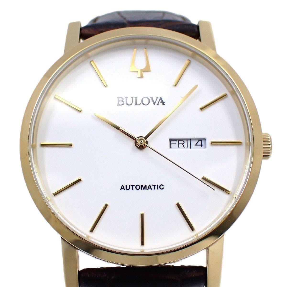 Bulova Men’s Automatic Watch Gold GP Stainless Steel Day Date Leather Band Used