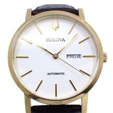 Bulova Men’s Automatic Watch Gold GP Stainless Steel Day Date Leather Band Used