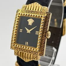 Versace Medusa Logo Square Black Dial Quartz Watch 23.9mm Gold Used