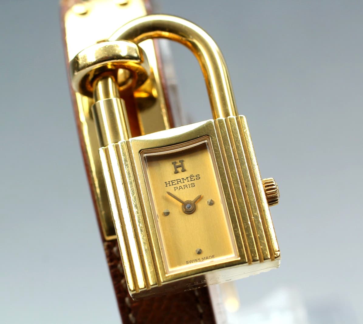 *Exc+5* HERMES Kelly Padlock Gold Dial Brown Leather Quartz Ladies watch JAPAN