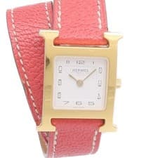 HERMES H Watch HH1.201 Quartz Watch Stainless Steel Gold Plated Leather White
