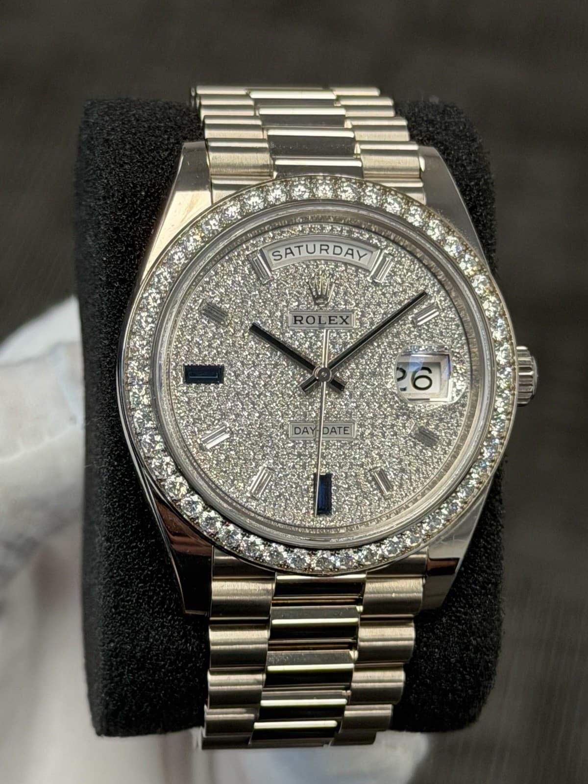 2020 Rolex Day Date 228349RBR Pave Sapphire Diamond Watch Box Papers 228349 Gold