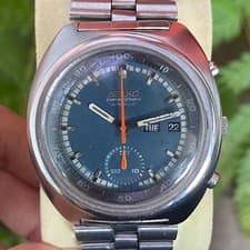 Rare Seiko Chronograph Automatic 6139-8020 Day Date Blue Dial Vintage Watch Men