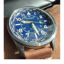 Citizen Eco-Drive Quartz Blue Dial Brown Leather World Time 200m Aviator Watch