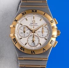 Mens Omega Constellation 18K Gold & SS Chronograph Watch - Silver Dial - 1242.30