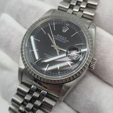 Rolex Datejust Stainless Steel Watch Jubilee Band Engine Turned Black Dial 16220