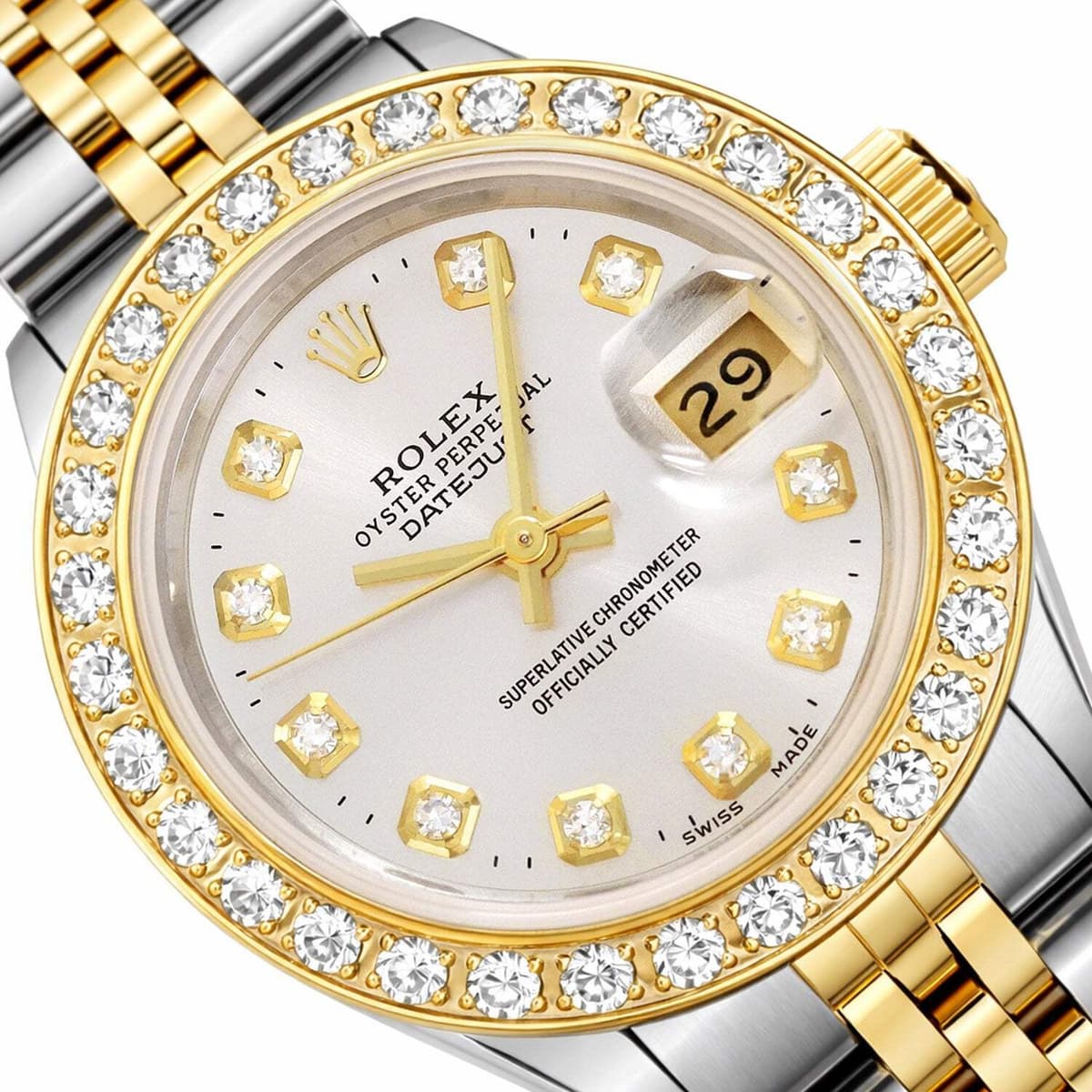 26mm Rolex Datejust 18K Gold Natural Diamond Bezel Silver White Dial Woman Watch