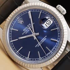 ROLEX MENS DATEJUST 16014 18K GOLD STEEL BLUE DIAL BLACK LEATHER BAND WATCH